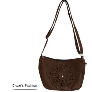 Women's Brown Faux Leather Boho Crossbody Flower Vegan Bag Medium Sized NWT